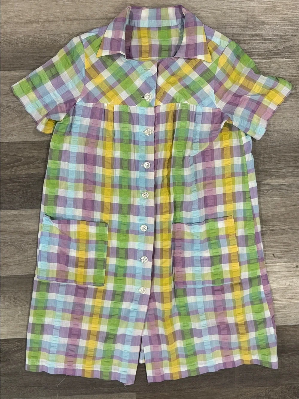 Pastel Plaid Short-Sleeve Button Down Sleep Robe - Multicolor